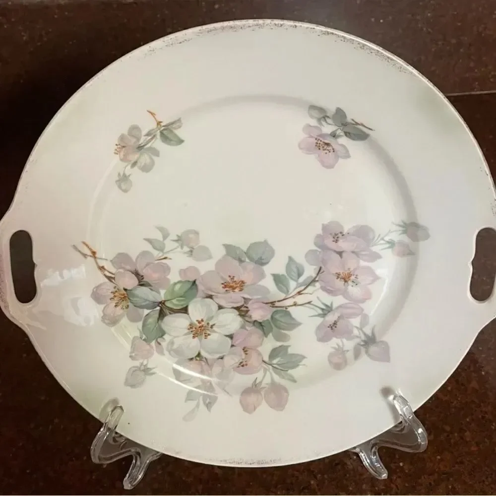 Schumann Germany White Pink Floral Porcelain Serveware Plate 9 1/2 In Gold Trim